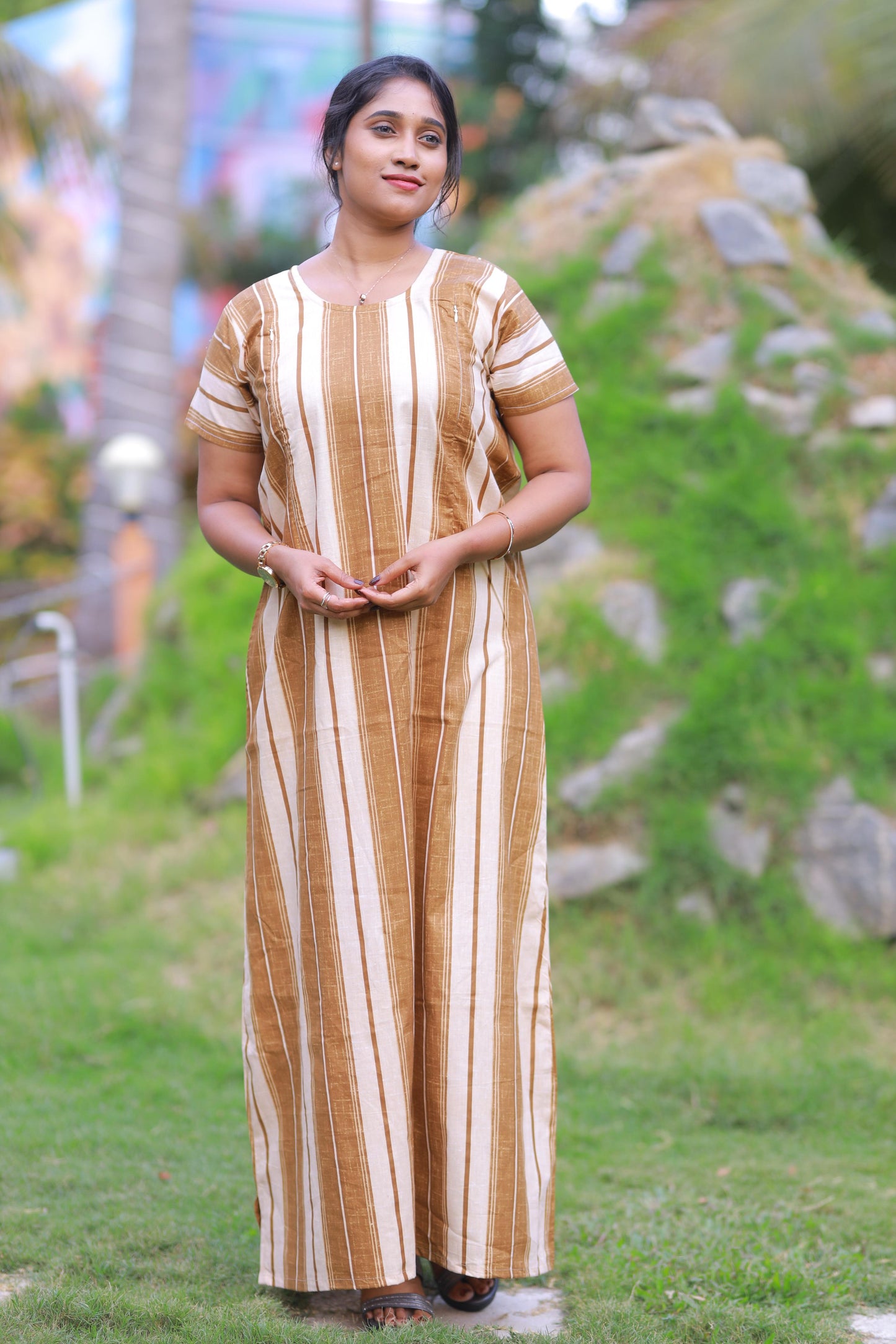 Brown With Sandal Vertical Side Zip Feeding Nighty