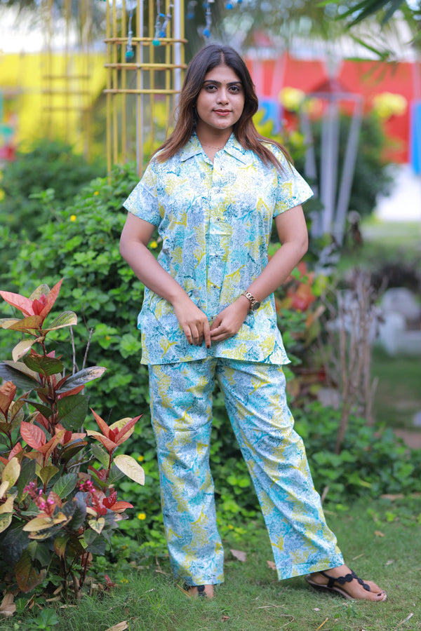 FANCY - Yellow With Sky Blue full button collar type Nightdress