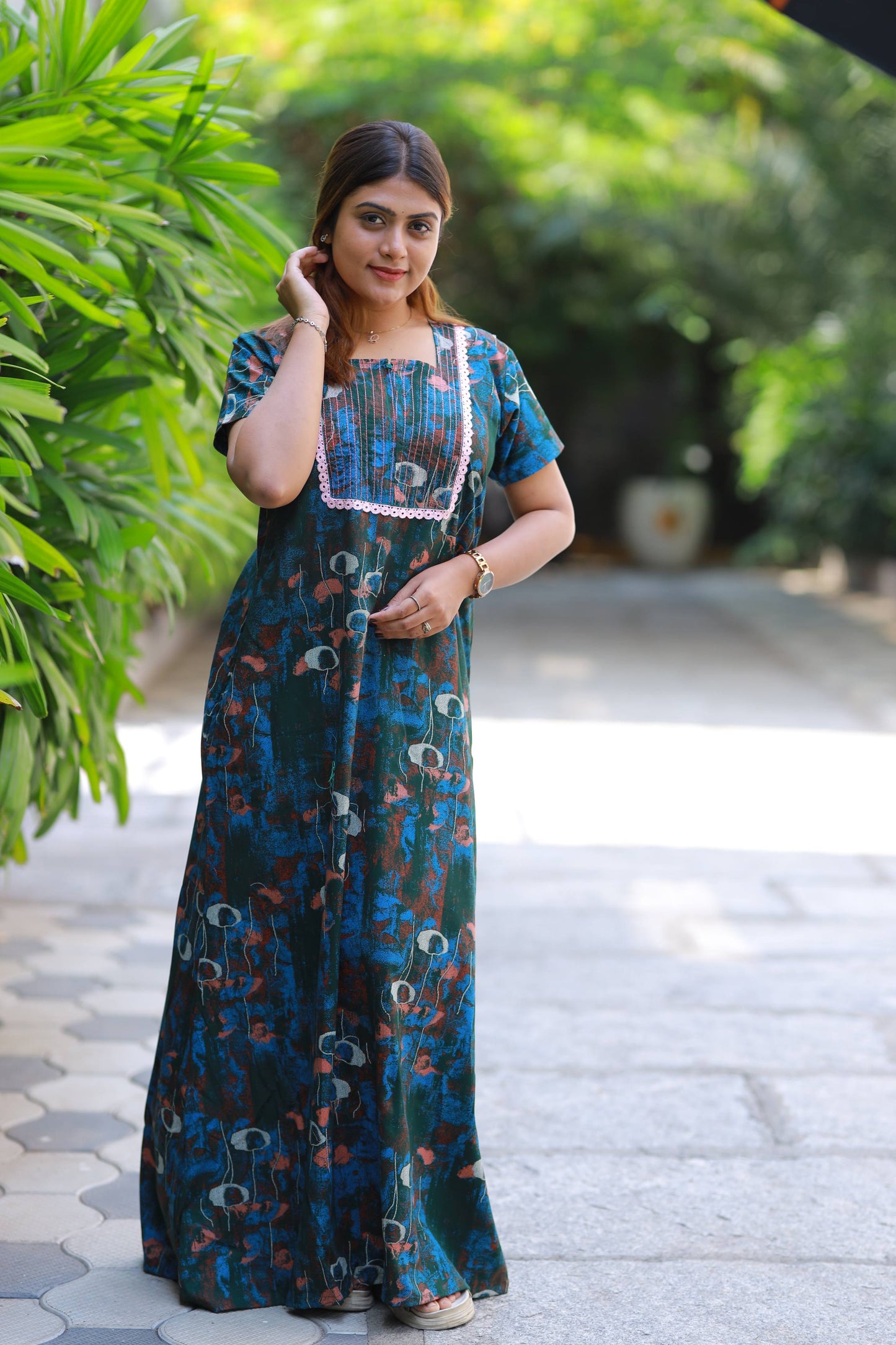 Dark green  With Light Pink colour lace Design Neck With Zip Nighty