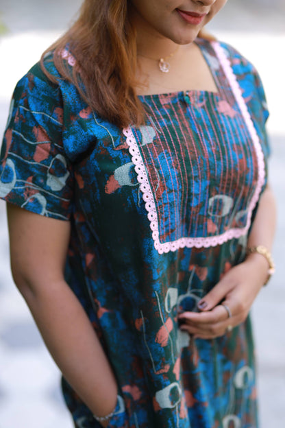 Dark green  With Light Pink colour lace Design Neck With Zip Nighty