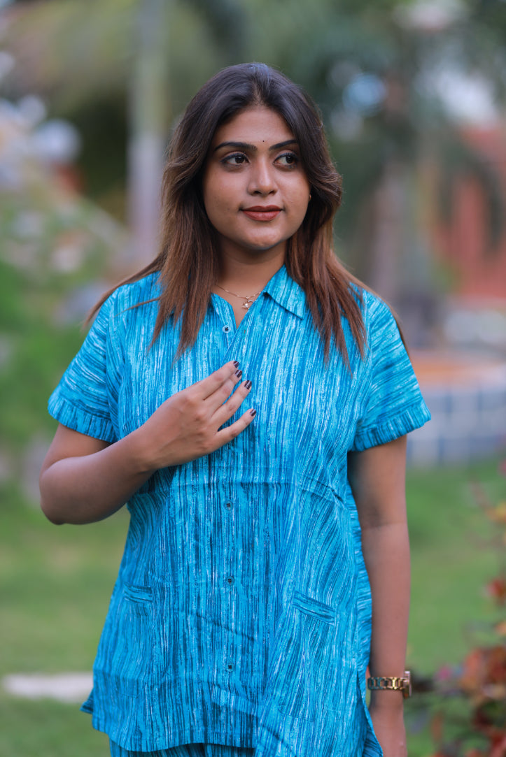 Fancy - Sky Blue With Drak Blue full button collar type Nightdress