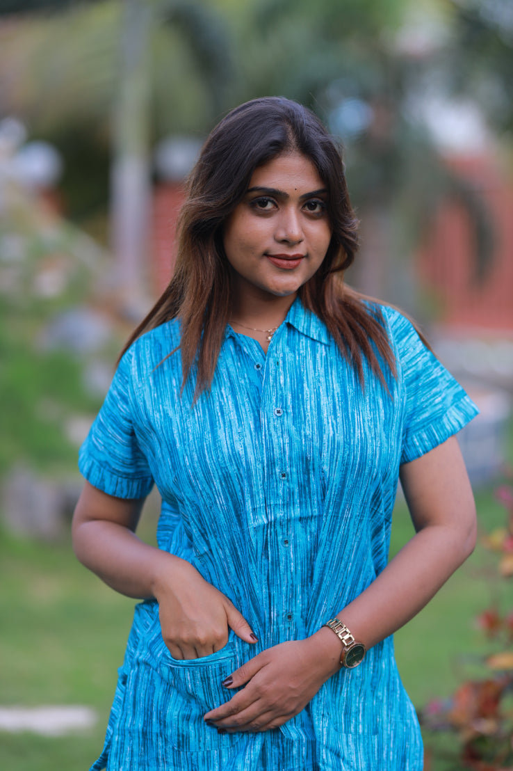 Fancy - Sky Blue With Drak Blue full button collar type Nightdress