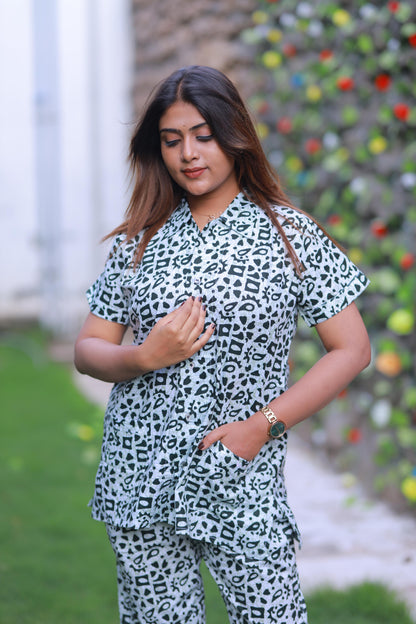 FANCY - Light Green With Green full button collar type Nightdress