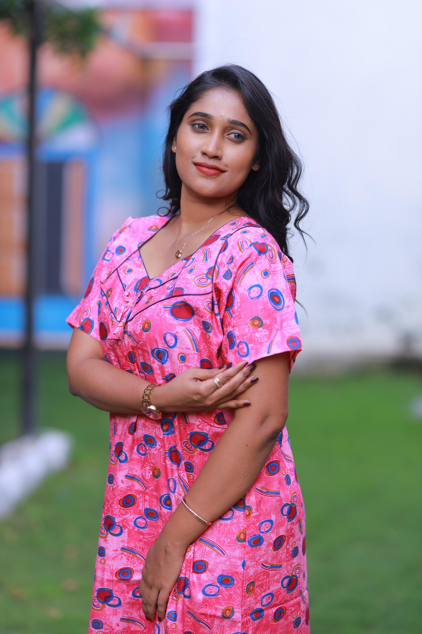 Dark Blue With Blue and Maroon Pattern Piping Without Zip Nighty