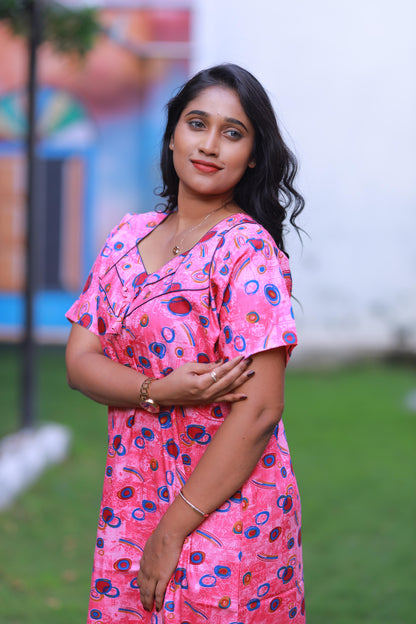 Dark Blue With Blue and Maroon Pattern Piping Without Zip Nighty