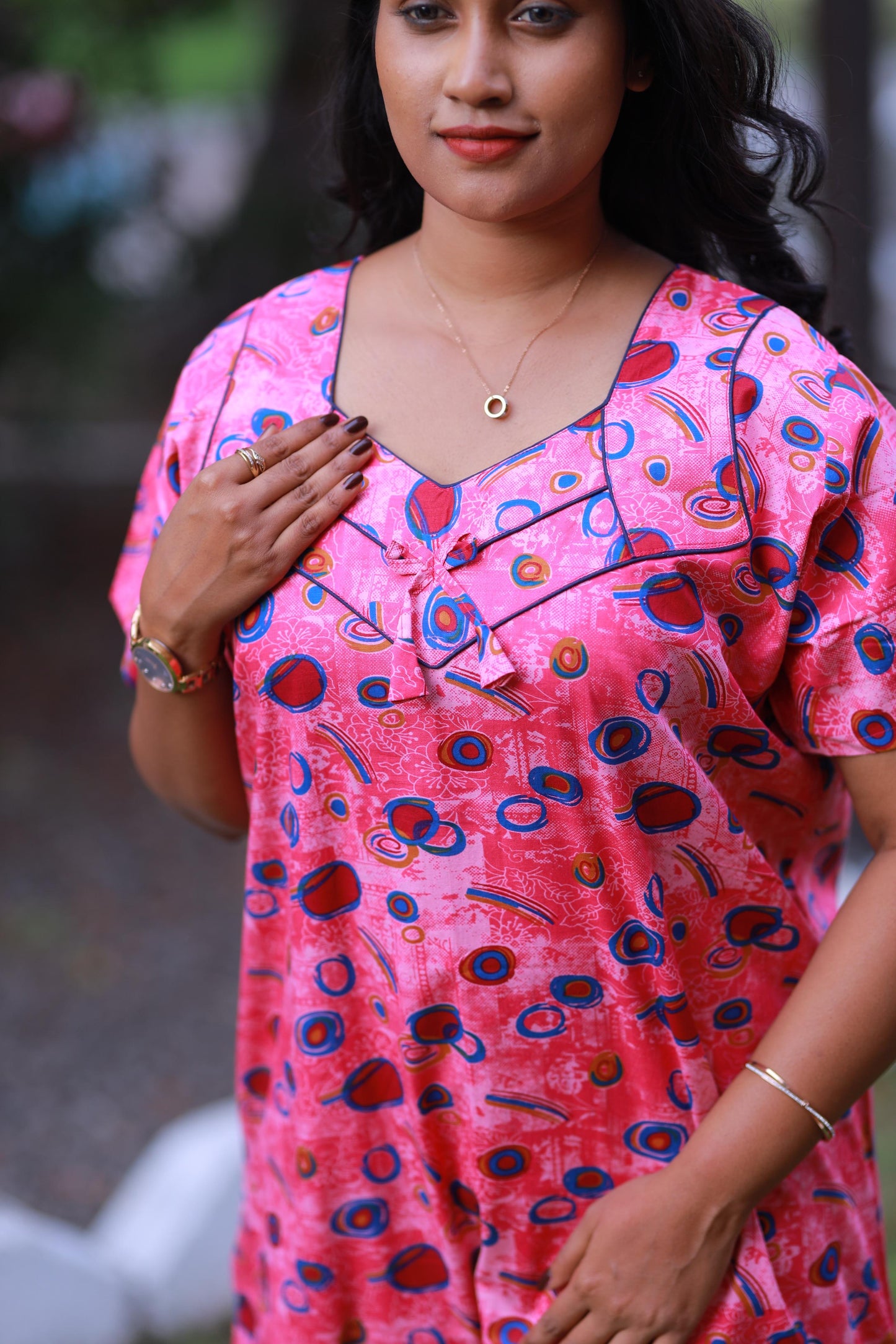 Dark Blue With Blue and Maroon Pattern Piping Without Zip Nighty