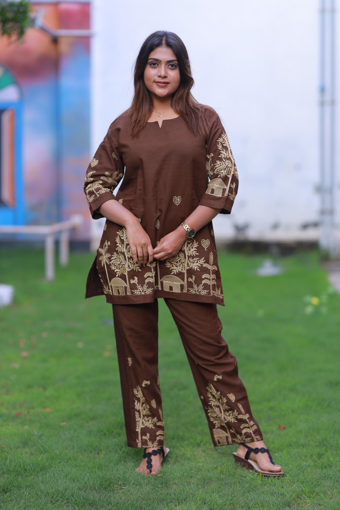 Trendy popcorn Brown With Embroider co-ord set nightdress