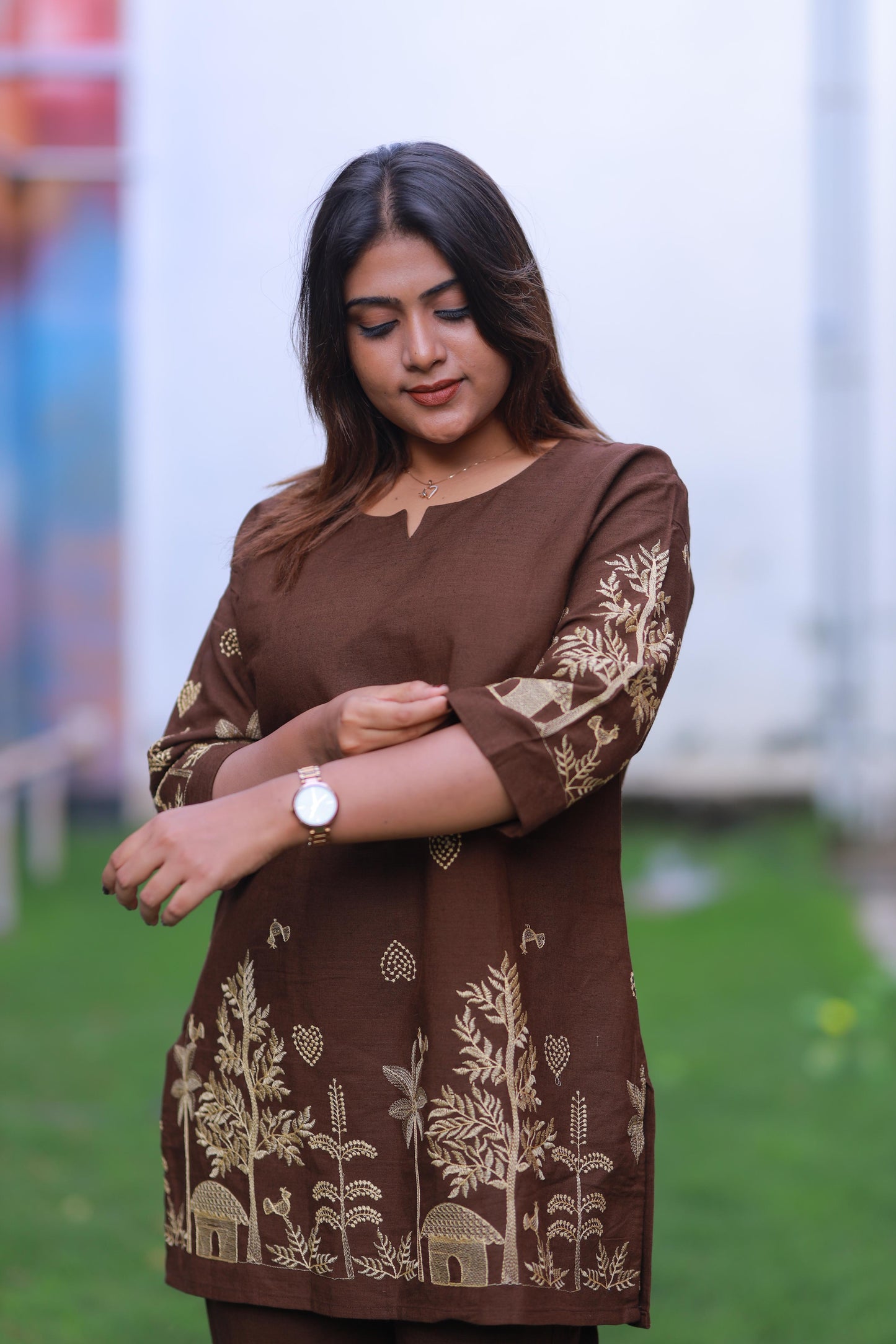 Trendy popcorn Brown With Embroider co-ord set nightdress