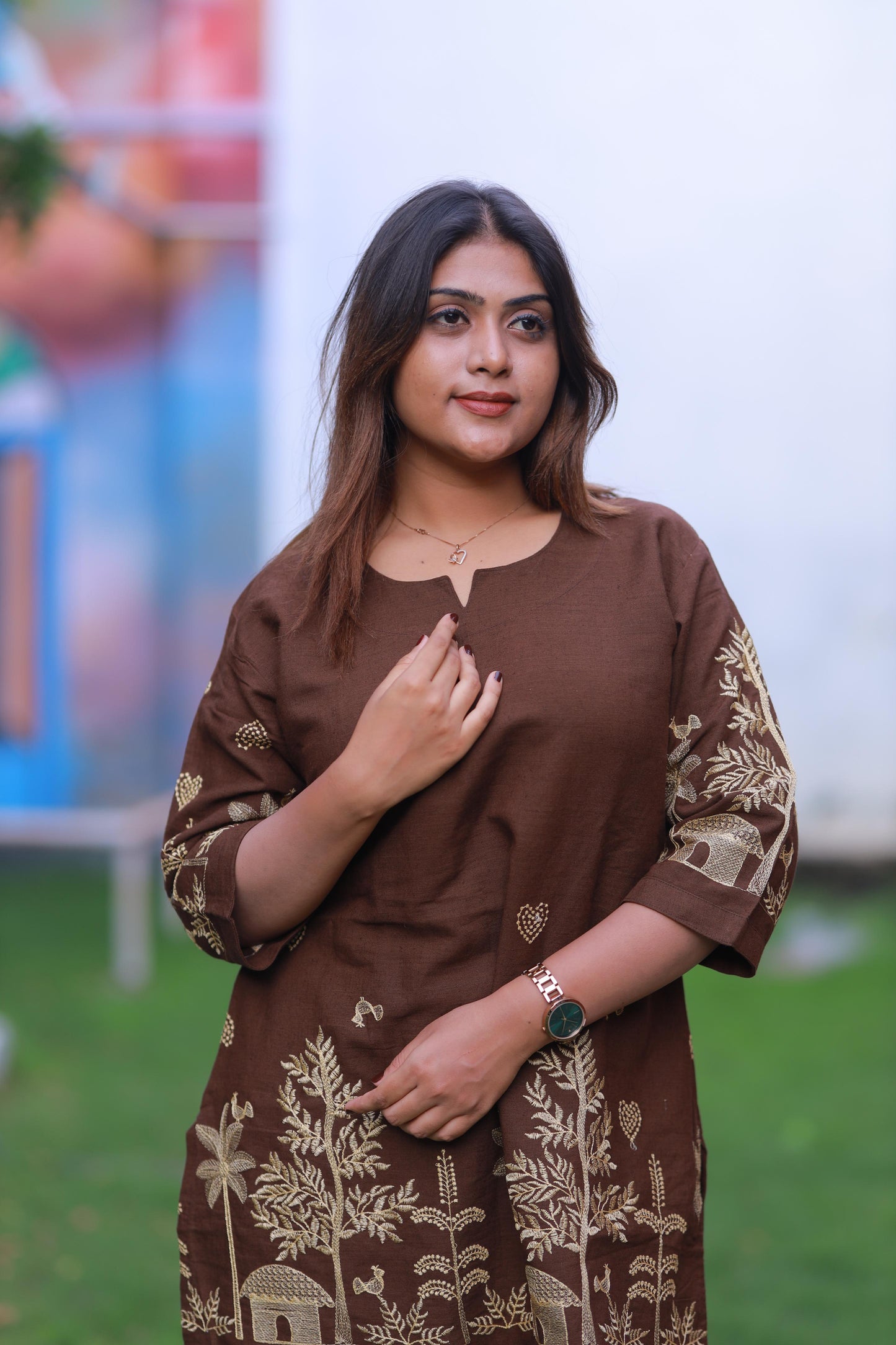 Trendy popcorn Brown With Embroider co-ord set nightdress