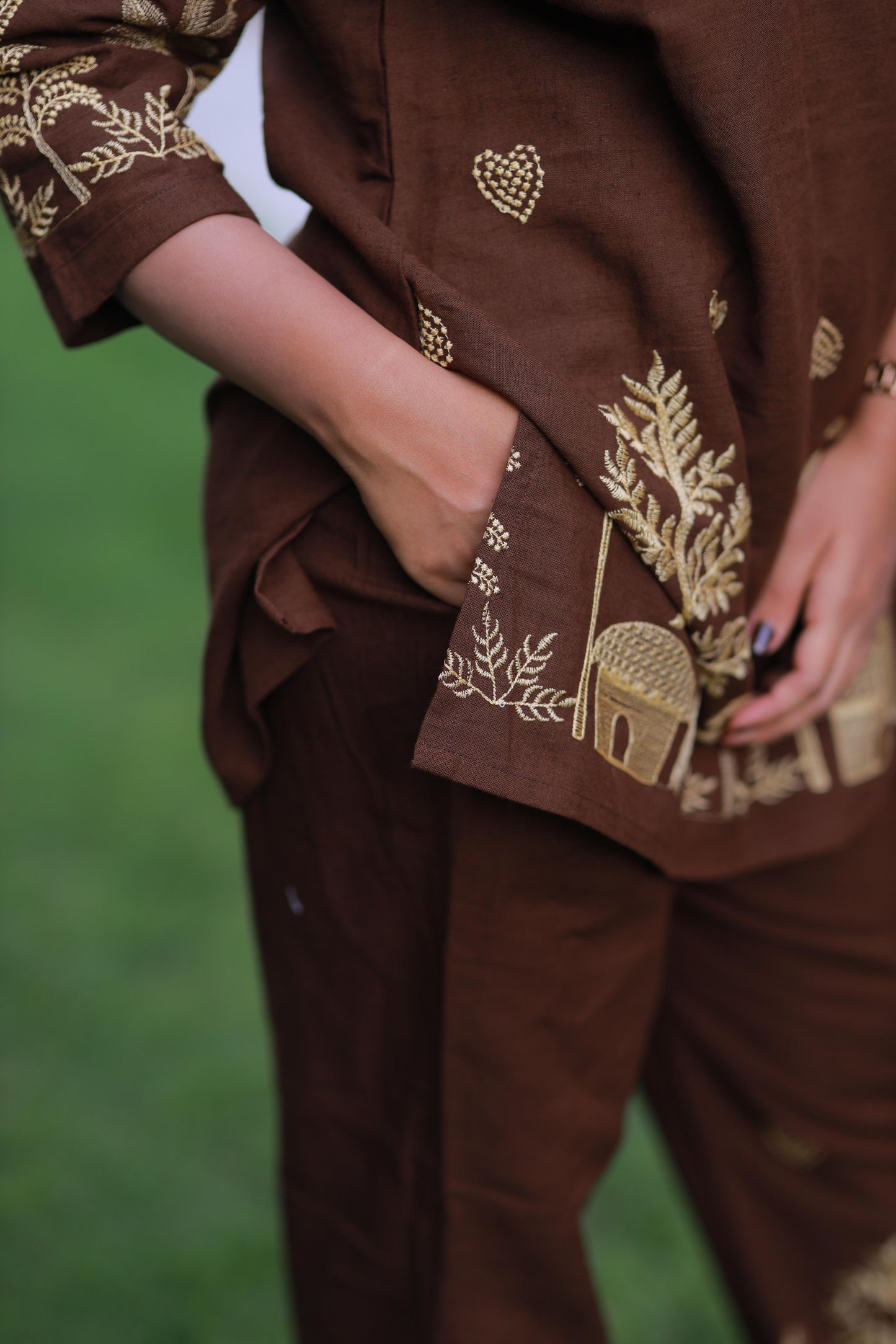 Trendy popcorn Brown With Embroider co-ord set nightdress