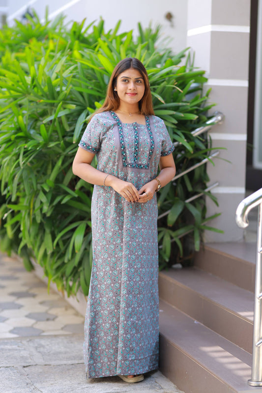 FANCY - Ramar Blue With White Flower Design Zip Nighty