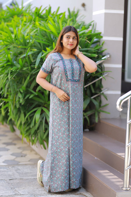 FANCY - Ramar Blue With White Flower Design Zip Nighty
