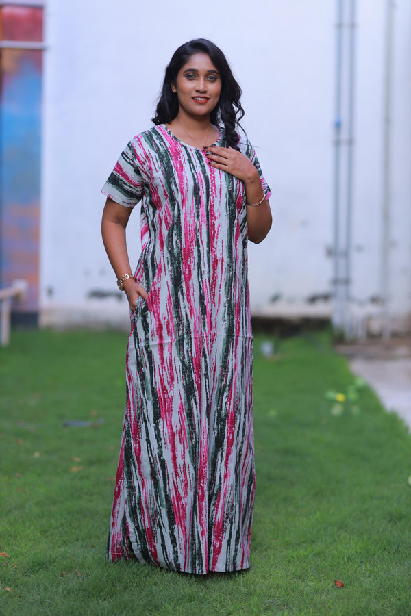 Dark Green With Pink Pattern Design Invisible Center Zip Feeding Nighty