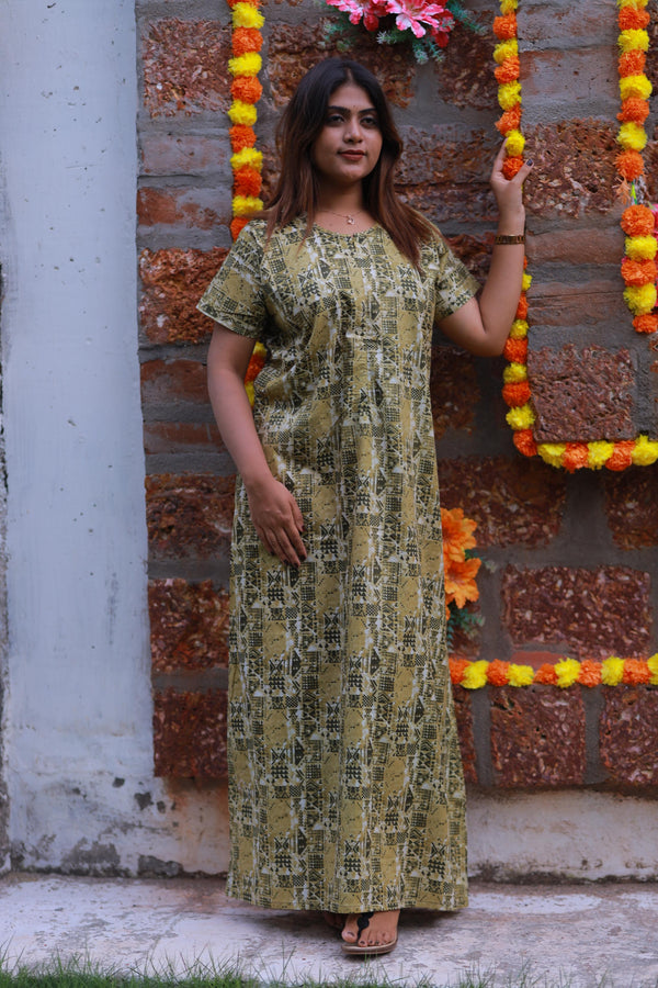 Light Brown With Green Pattern Design Invisible Center Zip Feeding Nighty