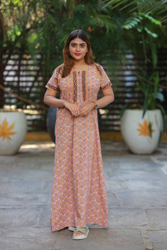 FANCY - Light Brown With Red Flower Design Zip Nighty