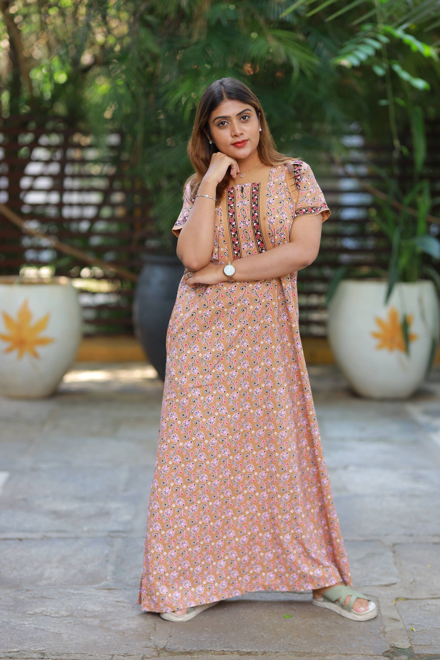 FANCY - Light Brown With Red Flower Design Zip Nighty