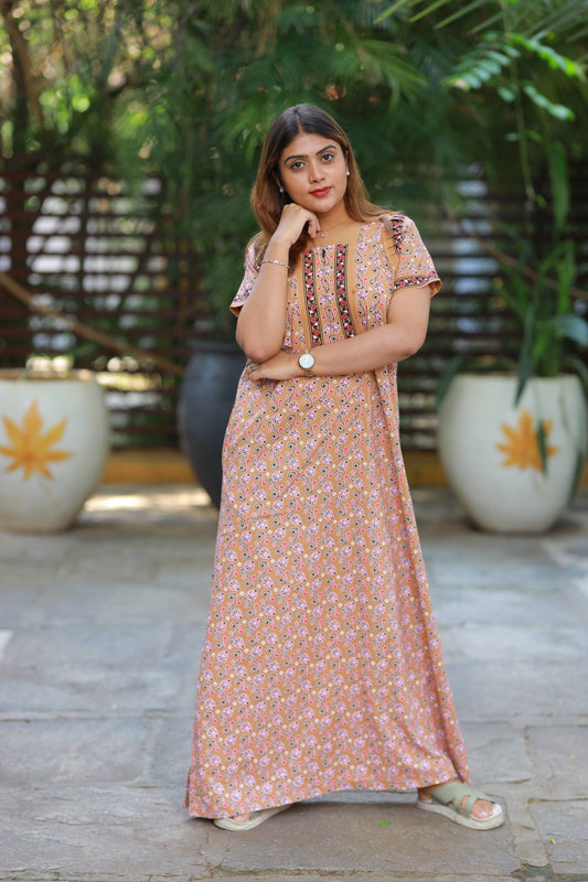 FANCY - Light Brown With Red Flower Design Zip Nighty