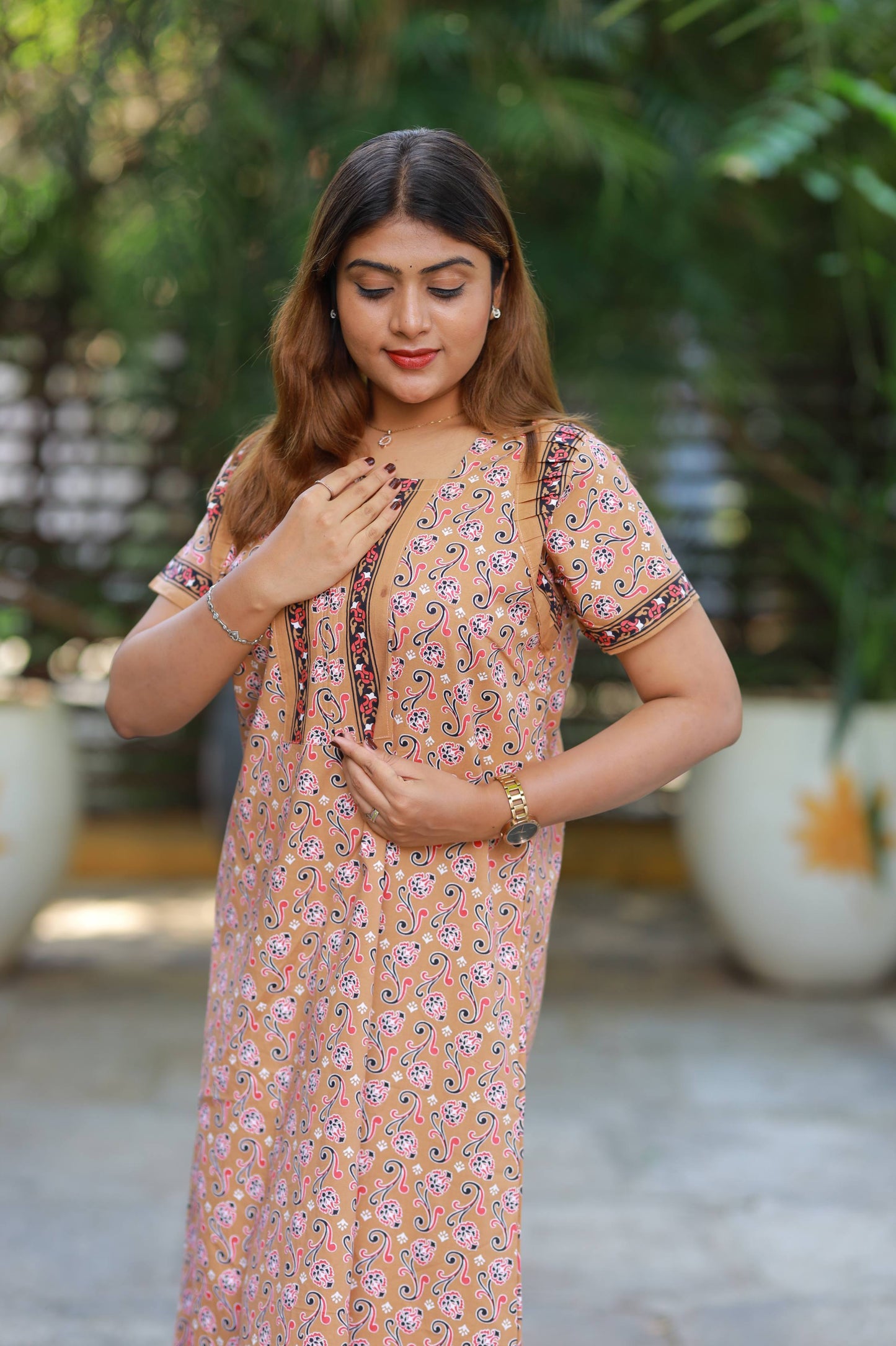 FANCY - Light Brown With Red Flower Design Zip Nighty