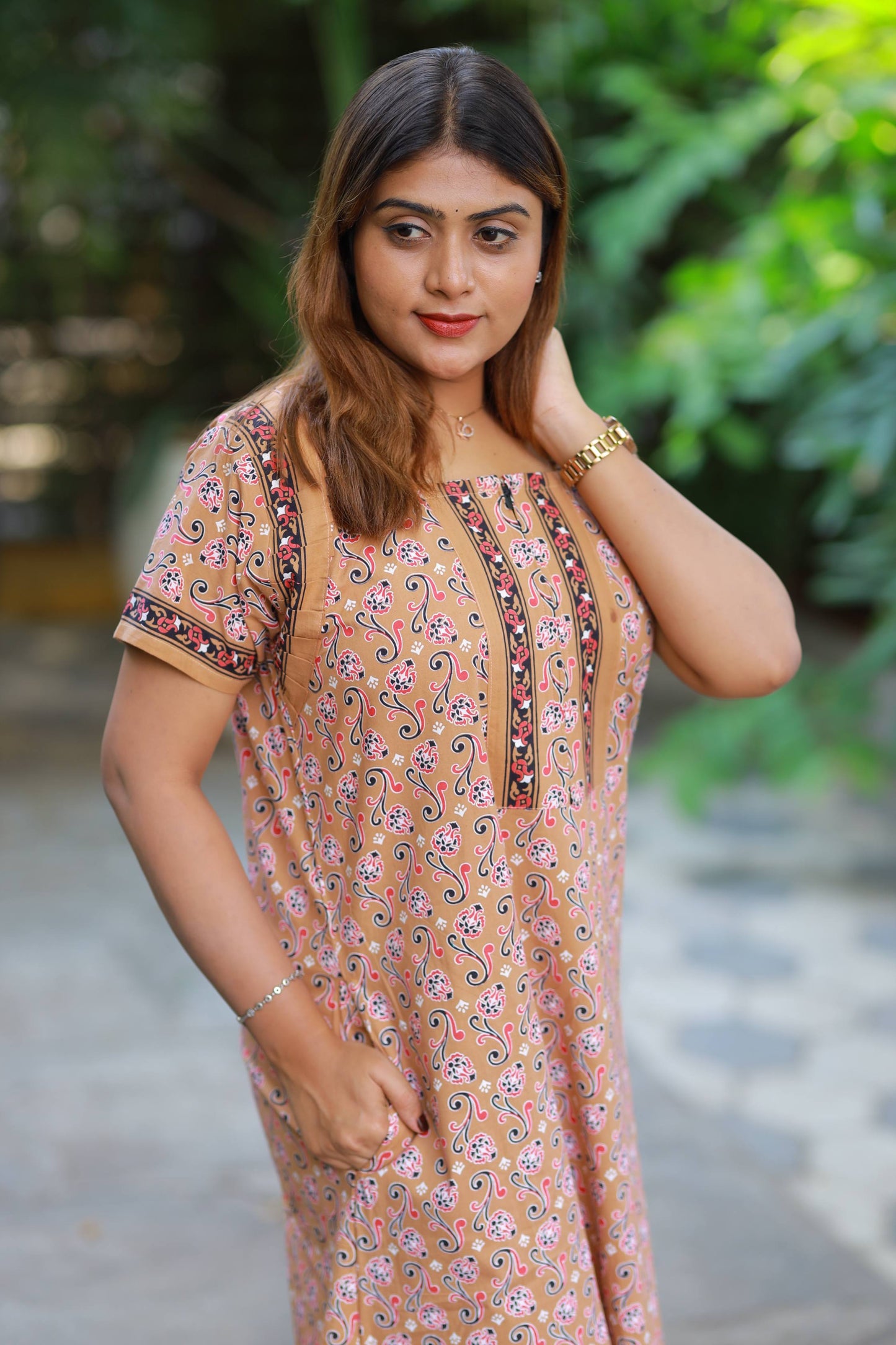 FANCY - Light Brown With Red Flower Design Zip Nighty