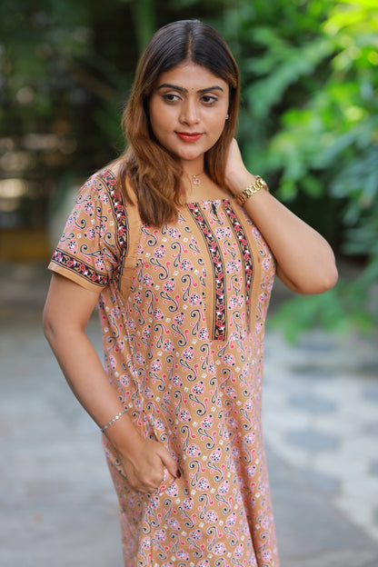 FANCY - Light Brown With Red Flower Design Zip Nighty