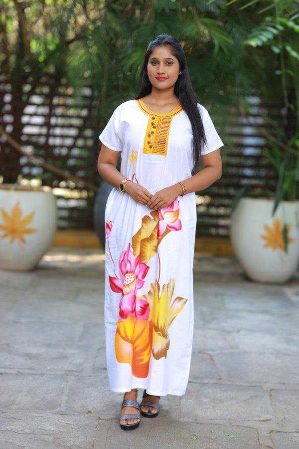 White With Yellow Flower  Design Embroidery Nighty