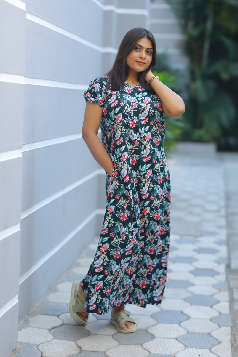 Dark Bottle Green  With White & Pink Flower Design V Neck Puff Sleeve Without Zip Nighty - AHA Nightwears