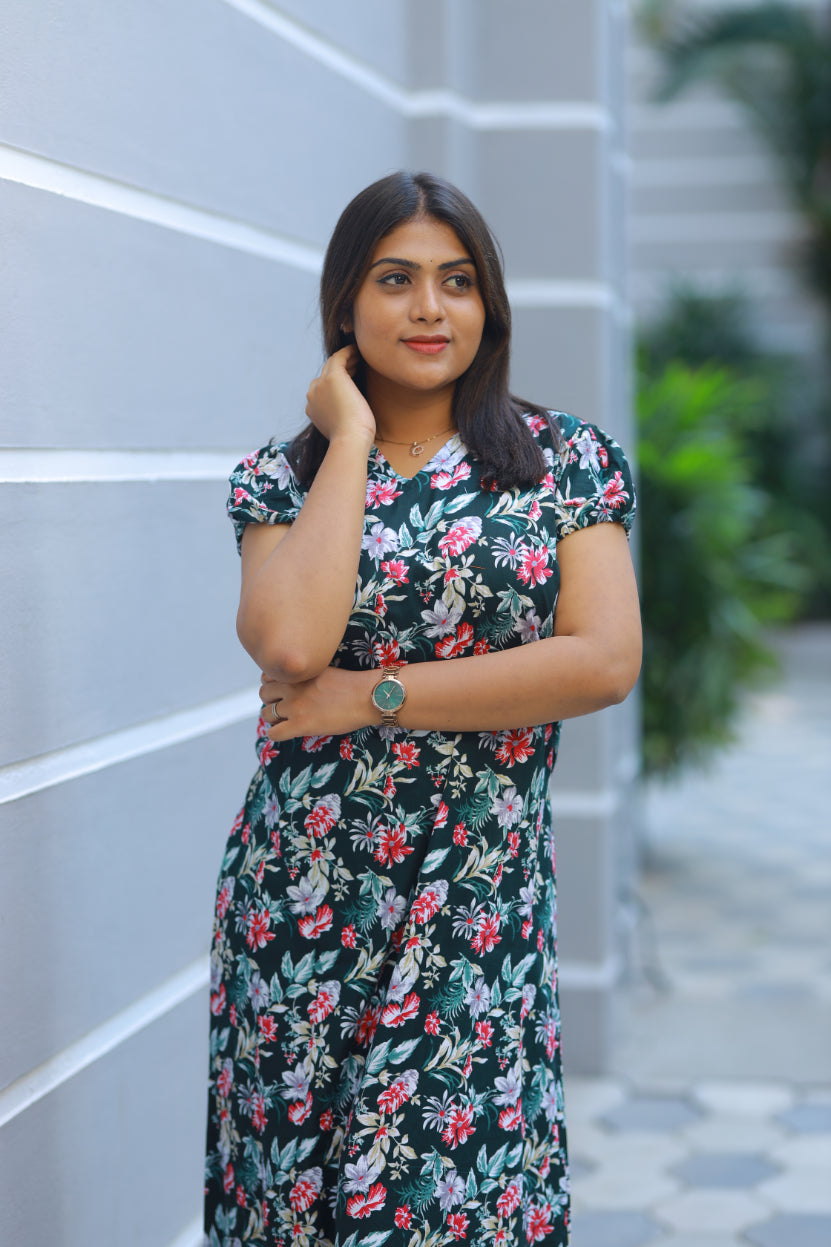 Dark Bottle Green  With White & Pink Flower Design V Neck Puff Sleeve Without Zip Nighty - AHA Nightwears