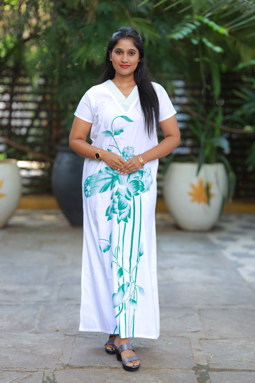 White With Green Floral  Desig V Neck Nighty