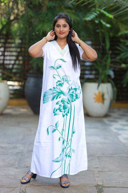 White With Green Floral  Desig V Neck Nighty