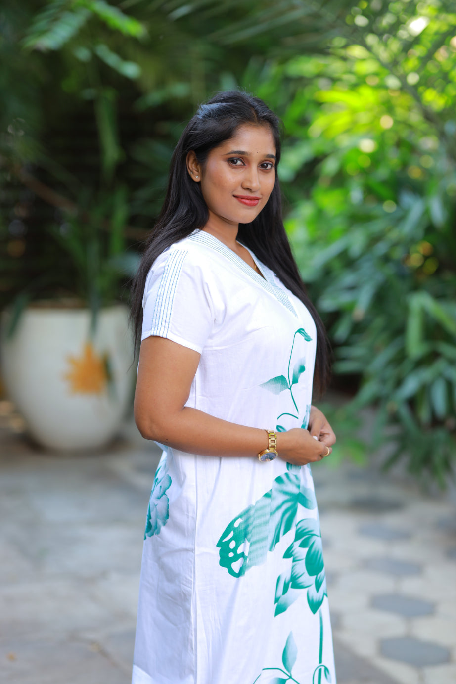 White With Green Floral  Desig V Neck Nighty