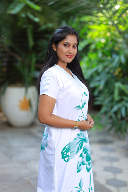 White With Green Floral  Desig V Neck Nighty