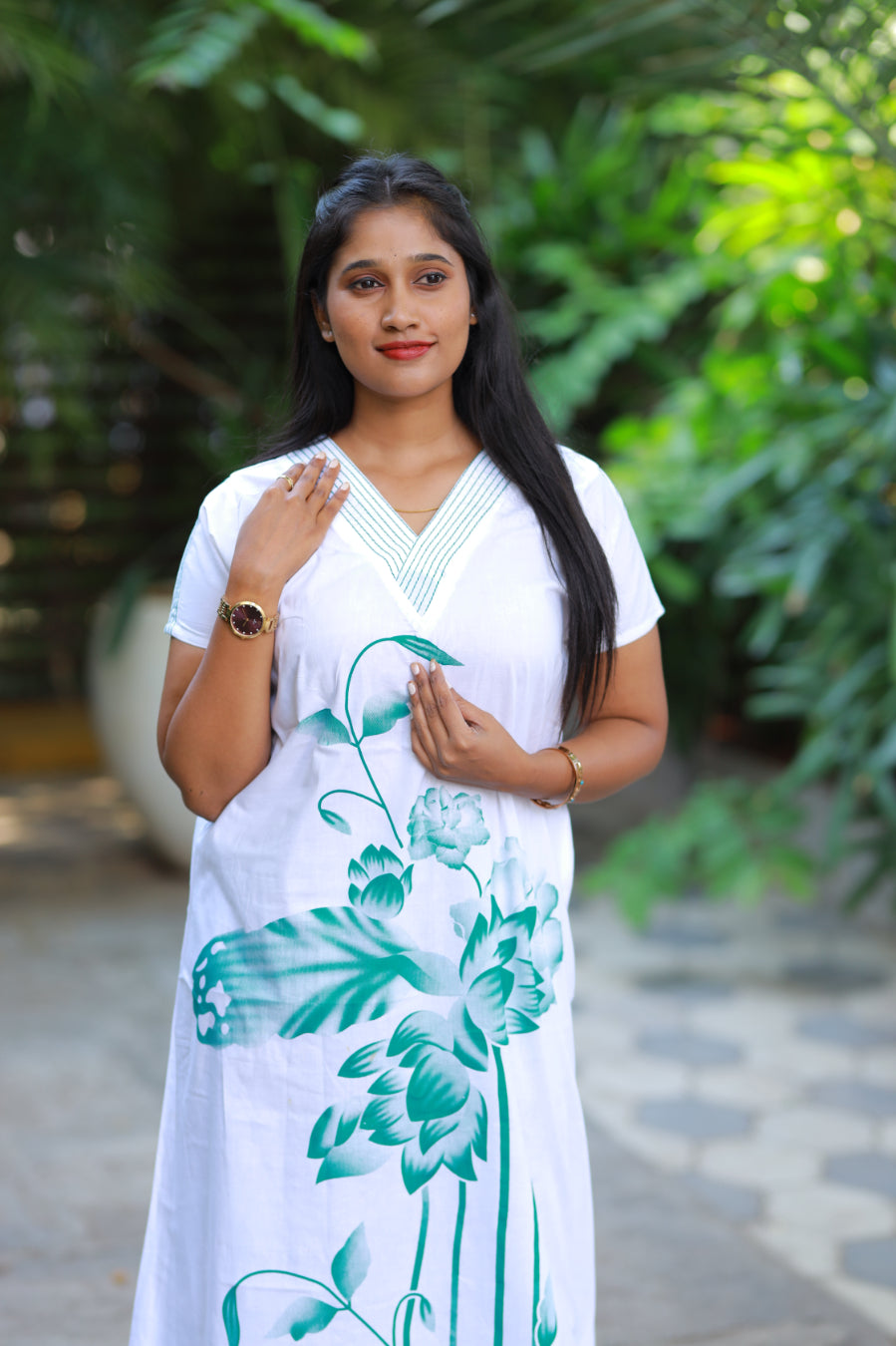 White With Green Floral  Desig V Neck Nighty