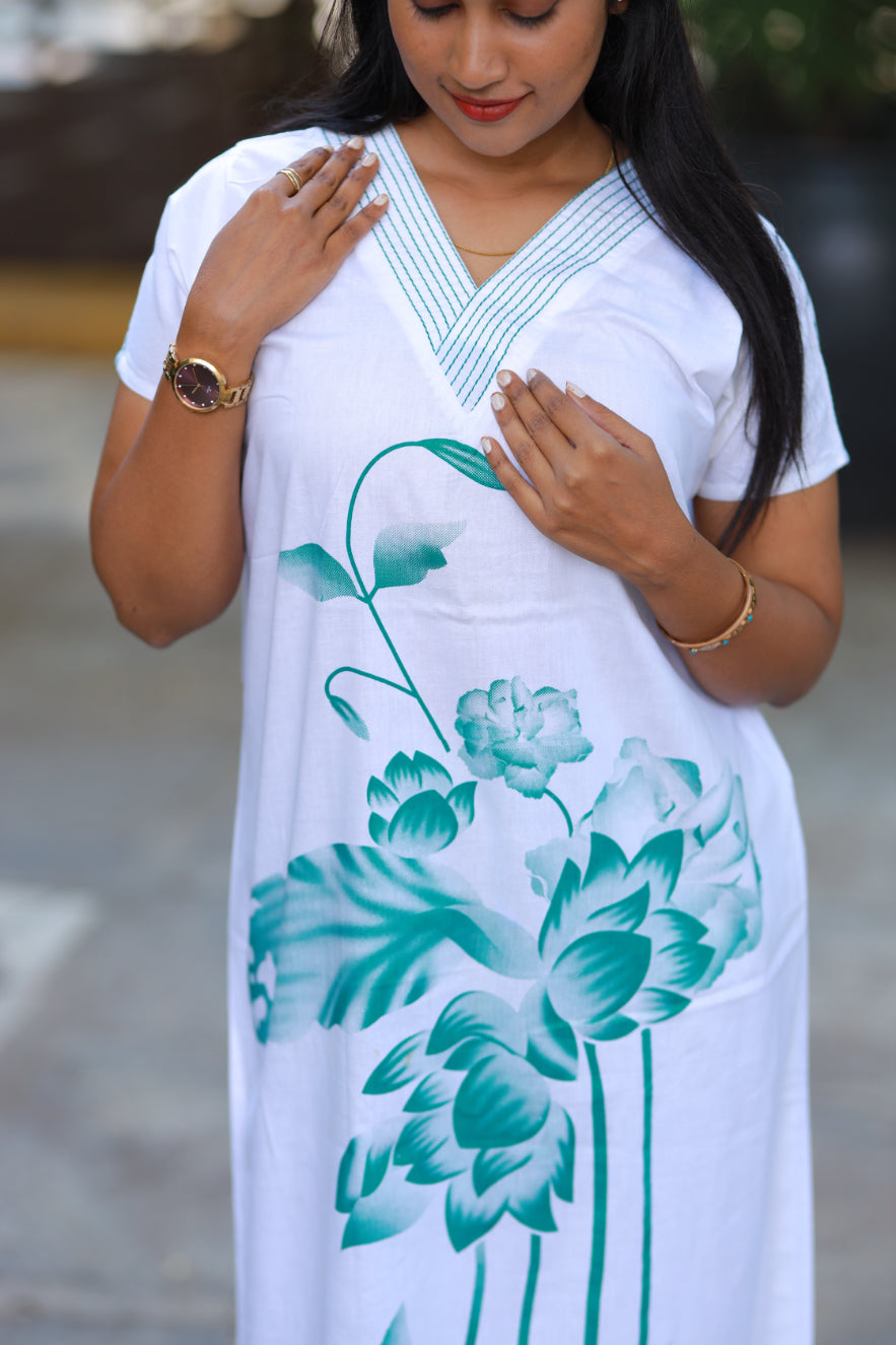 White With Green Floral  Desig V Neck Nighty