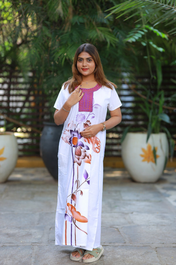 White With Violet  Embroidery Nighty