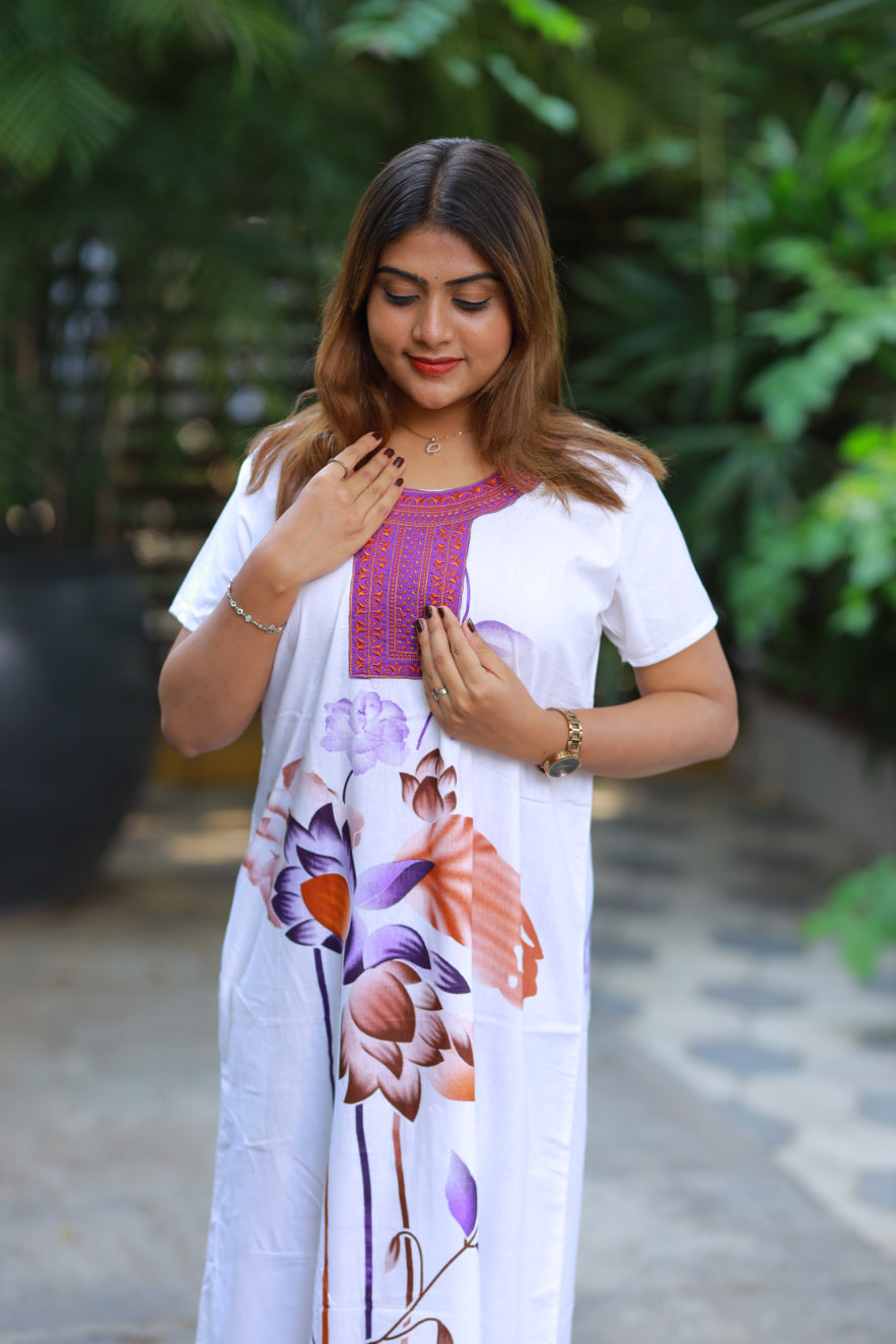White With Violet  Embroidery Nighty