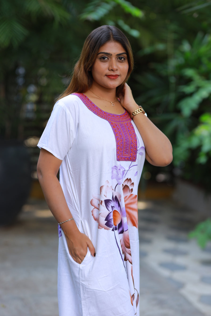 White With Violet  Embroidery Nighty