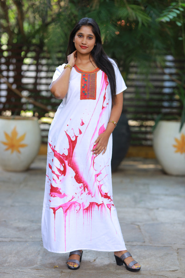 White With Pink  Embroidery Nighty