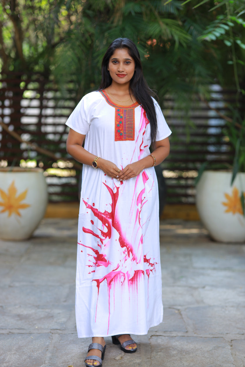 White With Pink  Embroidery Nighty