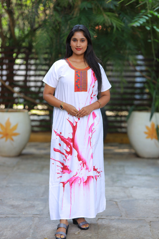 White With Pink  Embroidery Nighty