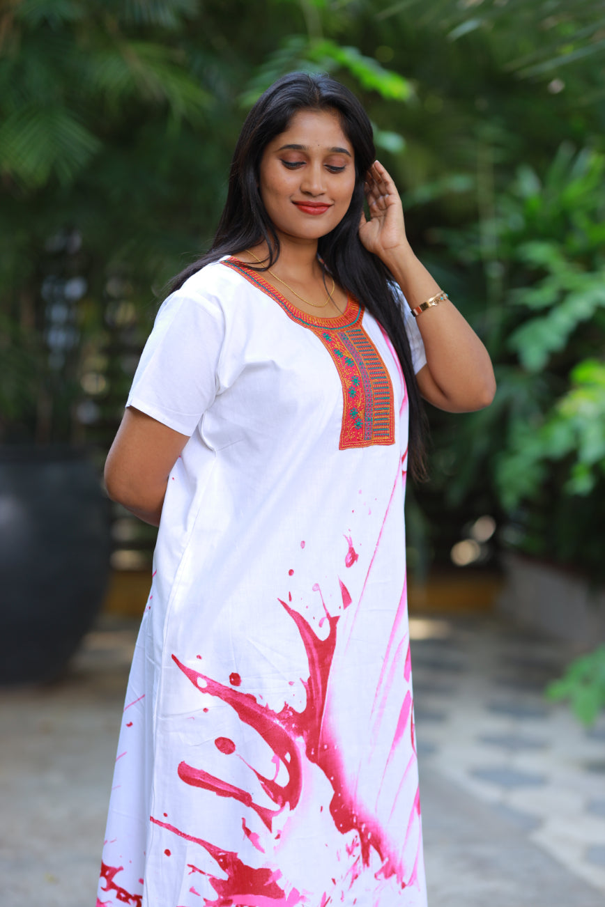 White With Pink  Embroidery Nighty