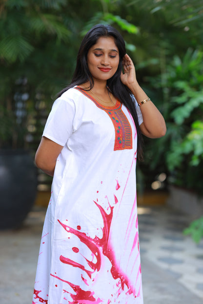 White With Pink  Embroidery Nighty