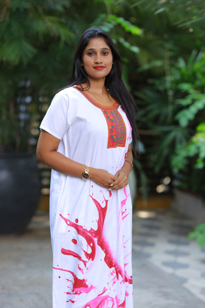 White With Pink  Embroidery Nighty