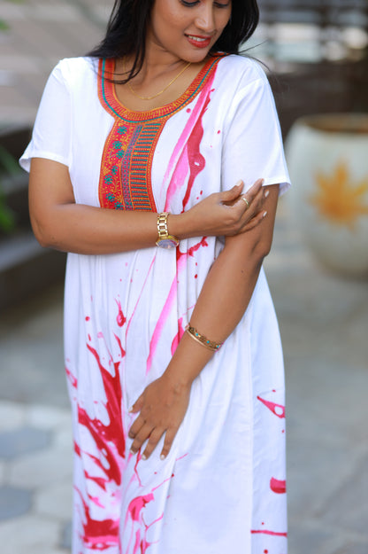 White With Pink  Embroidery Nighty