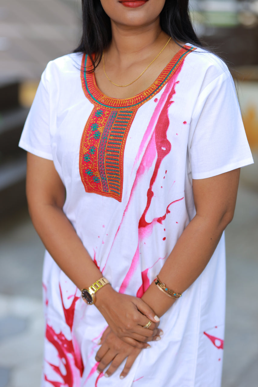 White With Pink  Embroidery Nighty