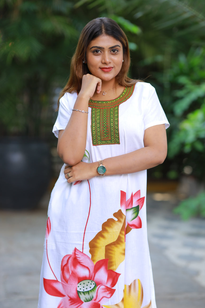 White With Green  Embroidery Nighty