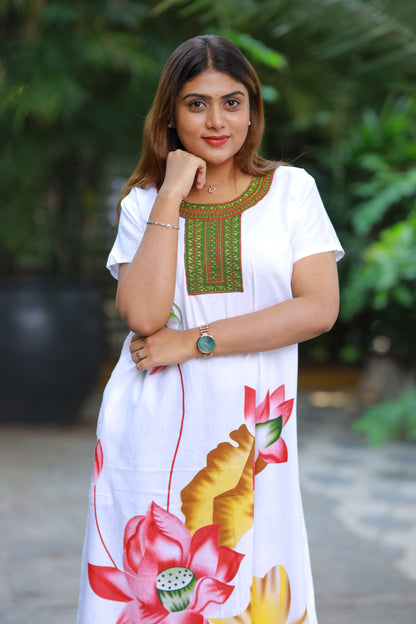 White With Green  Embroidery Nighty