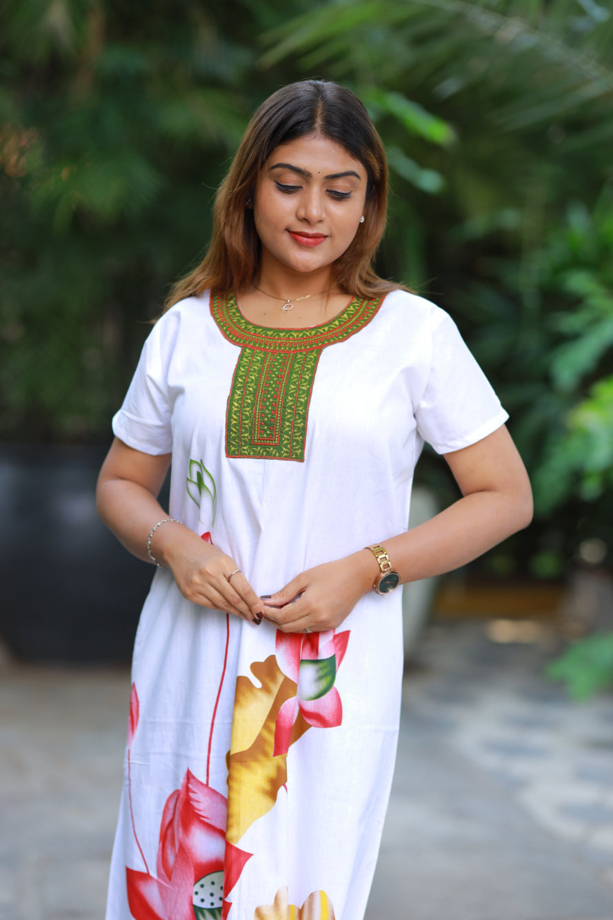 White With Green  Embroidery Nighty