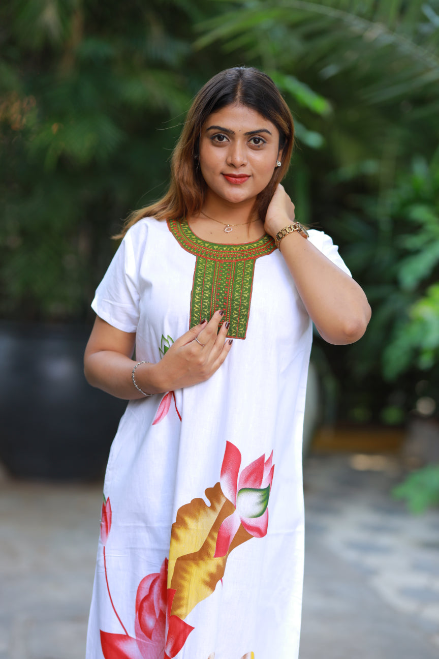 White With Green  Embroidery Nighty