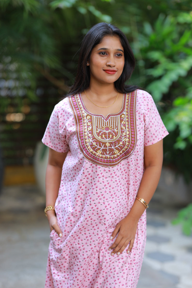 light pink With dark brown floral Design Neck Embroidery Nighty