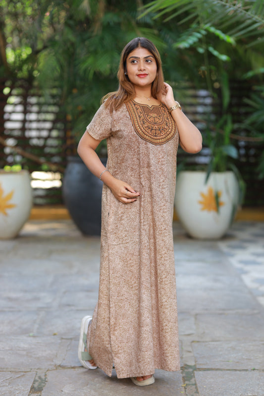 brown With sandal floral Design Neck Embroidery Nighty
